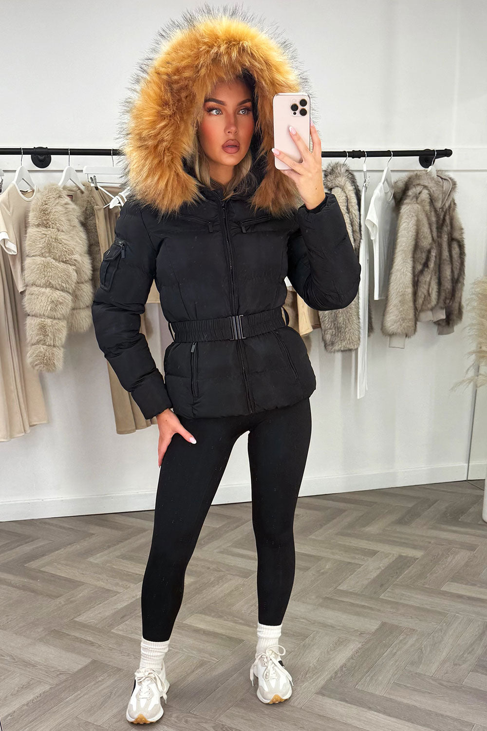 best belted puffer coat with fur hood for UK winters women