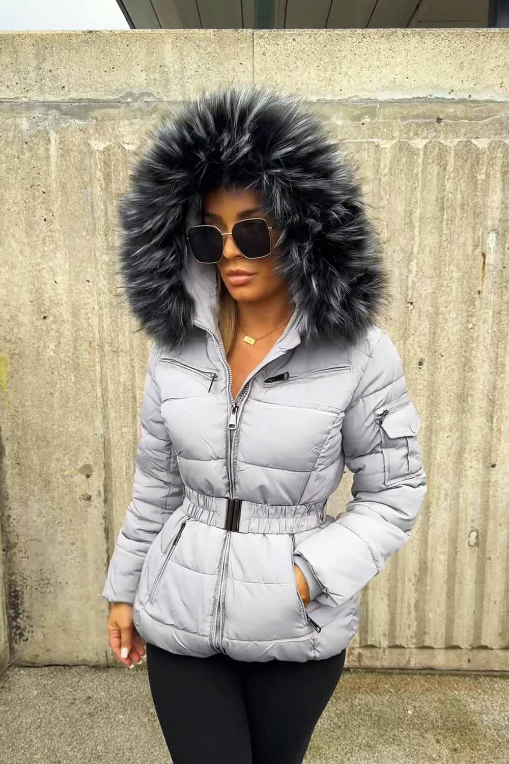 faux fur hood puffer padded jacket with belt