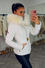 womens fur hood puffer jacket with belt