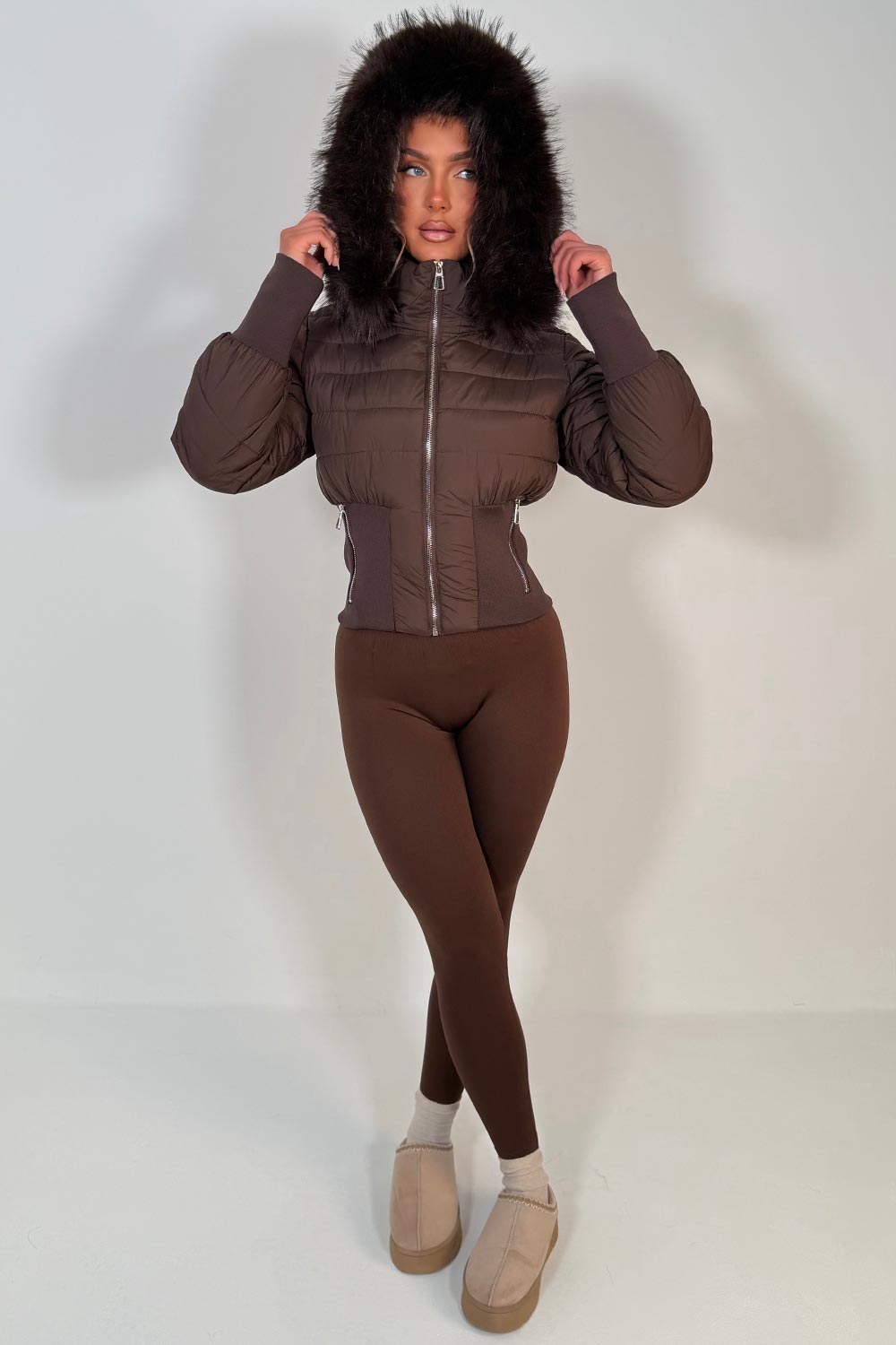 womens brown puffer padded ski jacket with fur hood styledup uk
