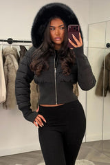 womens padded puffer ski jacket with fur hood black styledup uk