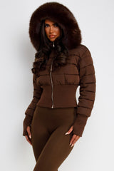 faux fur hood padded puffer winter jacket brown styledup uk