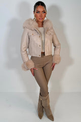 womens gold button faux fur hood faux leather jacket with faux fur cuff styledup uk