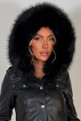 faux fur hood faux leather jacket with gold buttons styledup uk