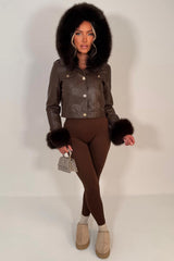 womens gold button faux fur hood faux leather jacket with faux fur cuff styledup uk