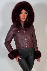 womens burgundy faux leather faux fur hood jacket with gold buttons styledup uk