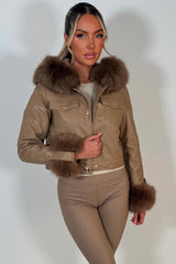 faux leather jacket with faux fur hood gold buttons styledup uk