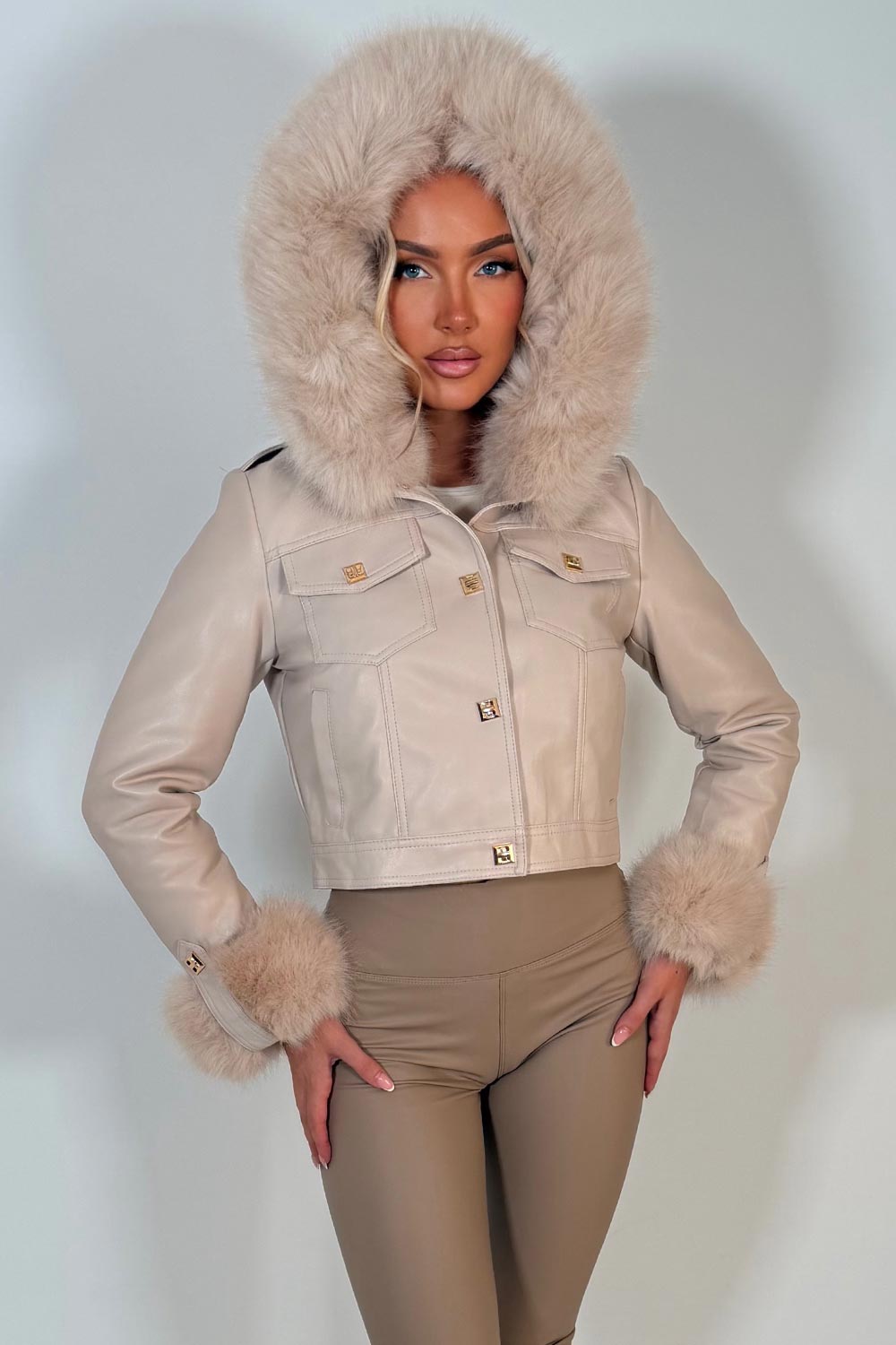 faux fur hood faux leather jacket with gold buttons styledup uk