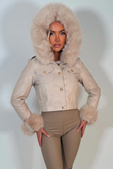 faux fur hood faux leather jacket with gold buttons styledup uk