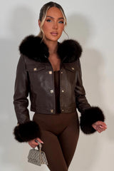 faux leather jacket with faux fur hood gold buttons styledup uk