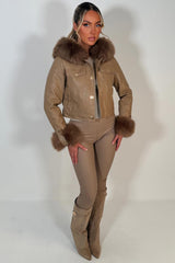 womens gold button faux fur hood faux leather jacket with faux fur cuff styledup uk
