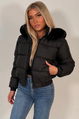 womens faux fur hooded padded puffer jacket for winter cropped length really warm and weather resistant styledup uk