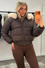 womens brown padded puffer winter jacket with fur hood styledup uk