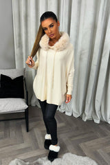 womens knitted jumper with faux fur hood beige