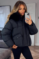 womens black fur hood padded puffer jacket with fur hood styledup uk
