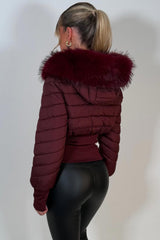 womens burgundy puffer padded ski jacket with fur hood styledup uk
