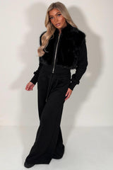 womens crop faux fur hoodie and wide leg joggers two piece co ord set styledup uk