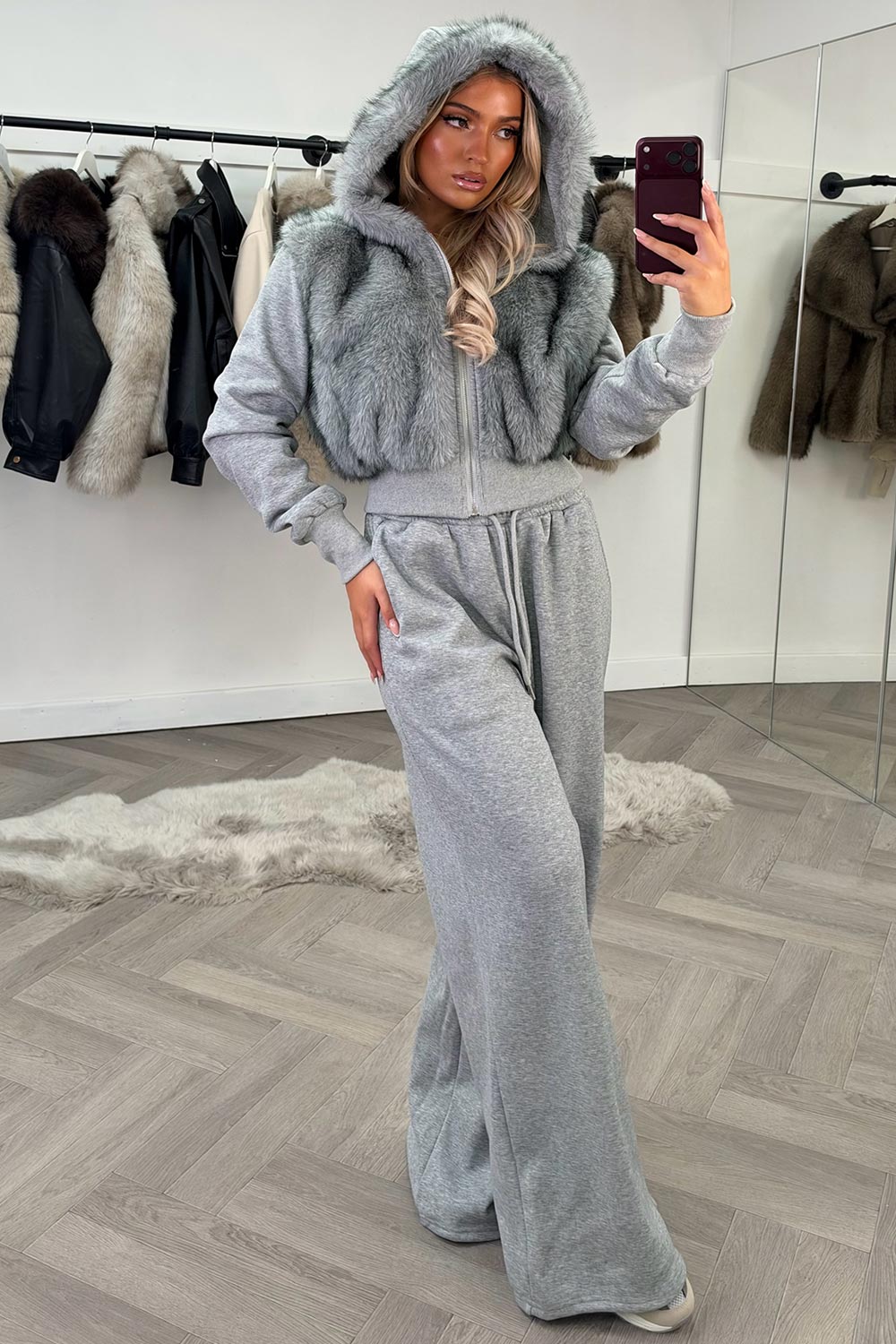 grey faux fur hoodie and joggers ttracksuit co ord set styledup uk