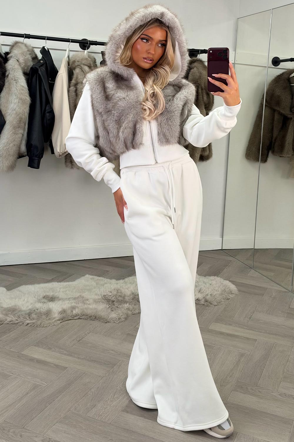 faux fur crop hoodie and wide leg joggers two piece co ord set cream styledup uk