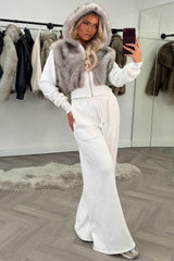 faux fur crop hoodie and wide leg joggers two piece co ord set cream styledup uk