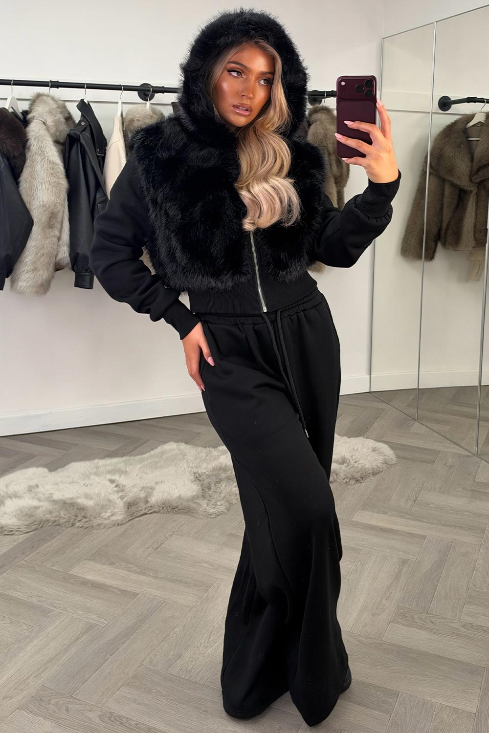 womens faux fur hoodie and wide leg joggers two piece co ord set black styledup uk