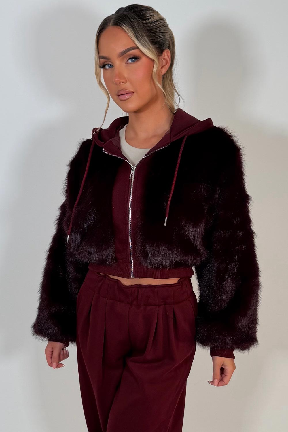 faux fur crop hoodie and wide leg joggers two piece co ord set burgundy styledup uk