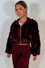 faux fur crop hoodie and wide leg joggers two piece co ord set burgundy styledup uk