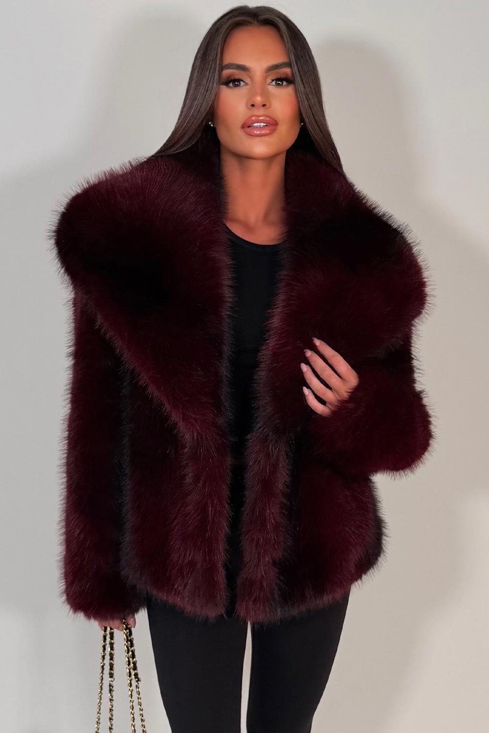 burgundy colourway faux fur jacket for womens with collar styledup