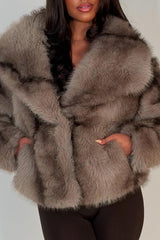 taupe faux fur jacket with collar styledup uk