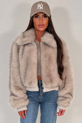 faux fur jacket with collar and zip up styledup beige