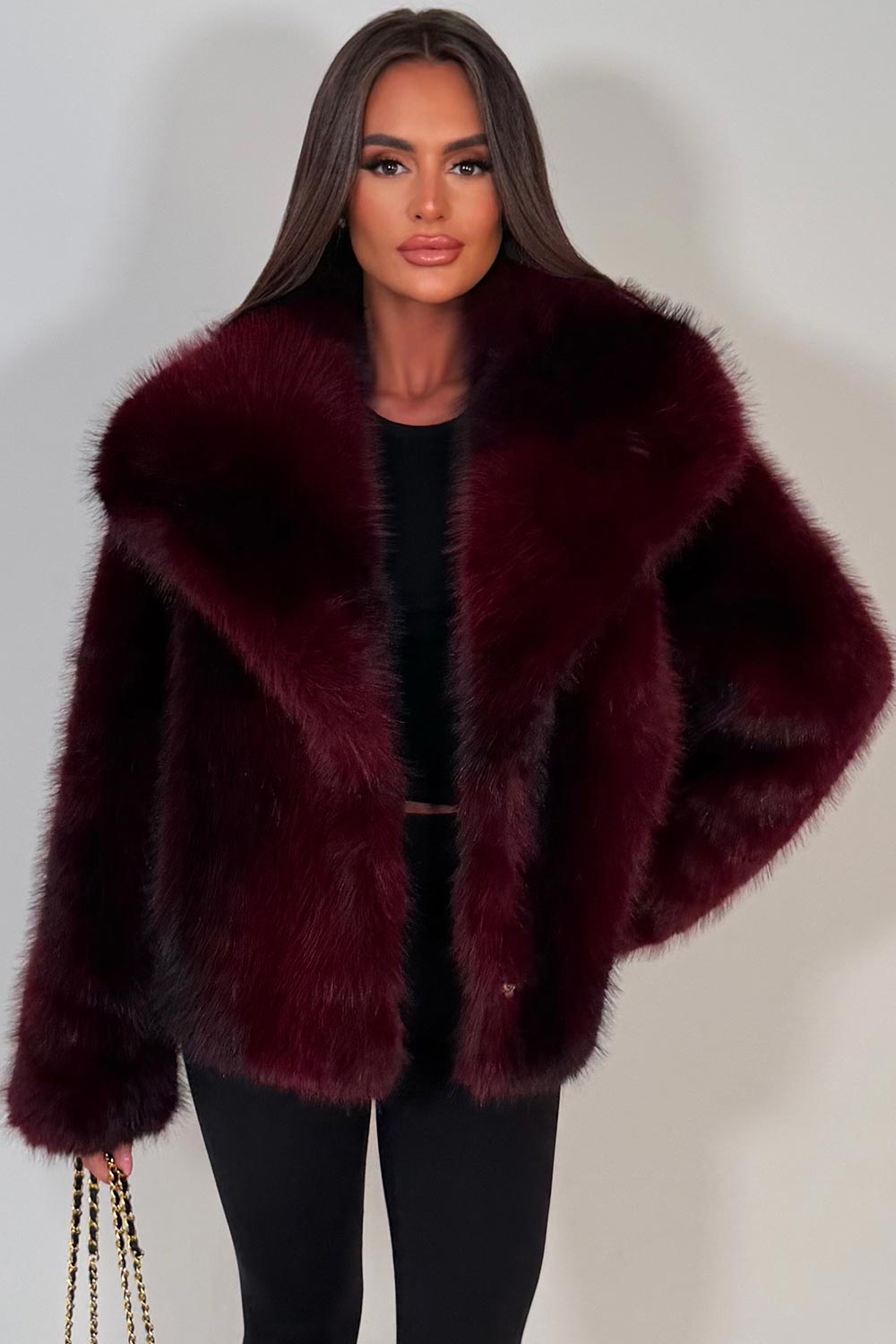 womens ultra soft burgundy faux fur winter jacket with collar styledup uk