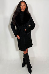 womens faux fur collar faux fur cuff belted coat styledup