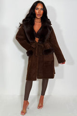fur collar long belted coat for womens styledup 