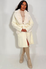 womens faux fur collar faux fur cuff belted coat christmas outerwear 
