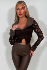 faux fur cuff and collar long sleeve lace top with plunging neckline styledup 