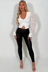 faux fur cuff and collar long sleeve lace top with plunging neckline styledup 
