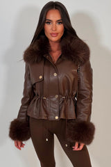 leather effect faux fur collar and cuff winter jacket with adjustable waist womens trendy outerwear styledup uk