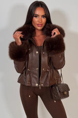 womens faux leather jacket with faux fur collar brown adjustable drawstring waist styledup uk