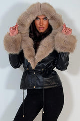 faux fur cuff faux fur hood leather look jacket with adjustable drawstring waist winter outerwear trendy coats and jackets for womens styledup uk