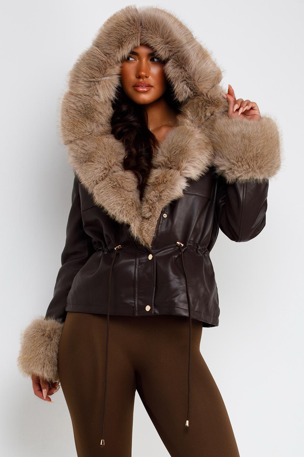 womens faux fur faux leather jacket with faux fur cuff winter christmas market outfit uk