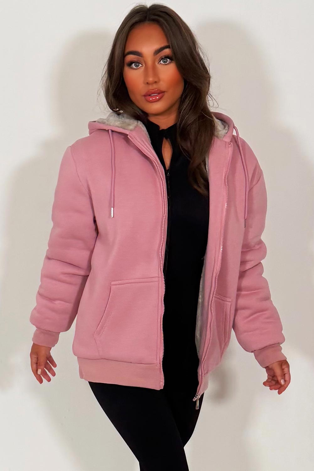 faux fur lined womens zip up hoodie loungewear really warm cosy for winter styledup