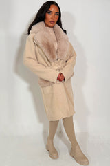 faux fur collar and cuff longline belted coat 