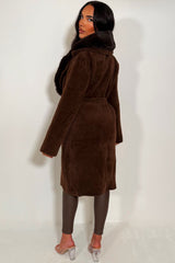 womens faux fur collar faux fur cuff belted coat styledup