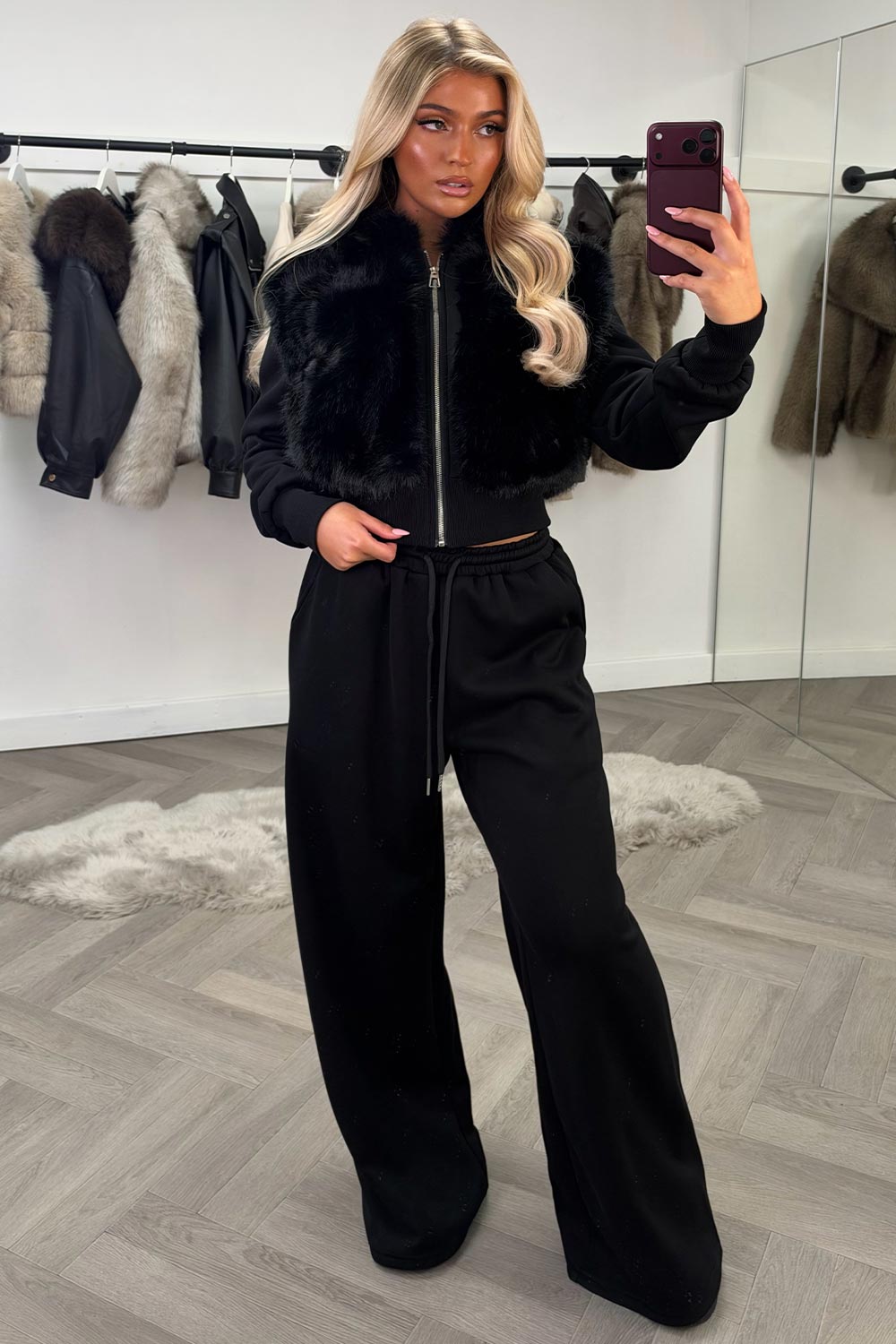 womens wide leg joggers and crop faux fur hoodie winter loungewear set christmas gift for girl friend styledup uk