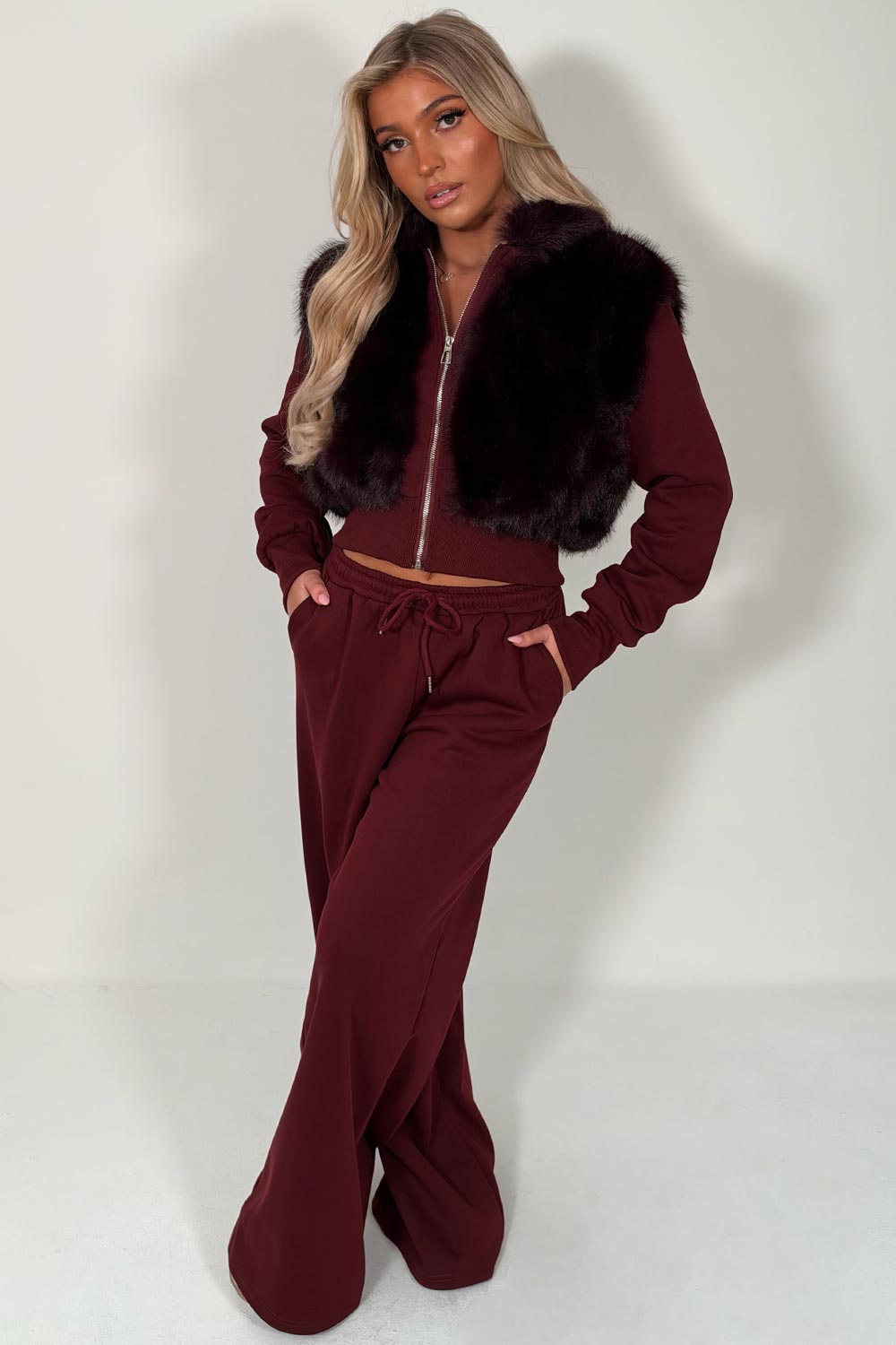 faux fur crop hoodie and wide leg joggers two piece co ord set burgundy styledup uk