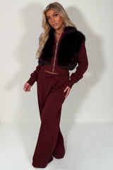 burgundy faux fur hoodie and joggers ttracksuit co ord set styledup uk