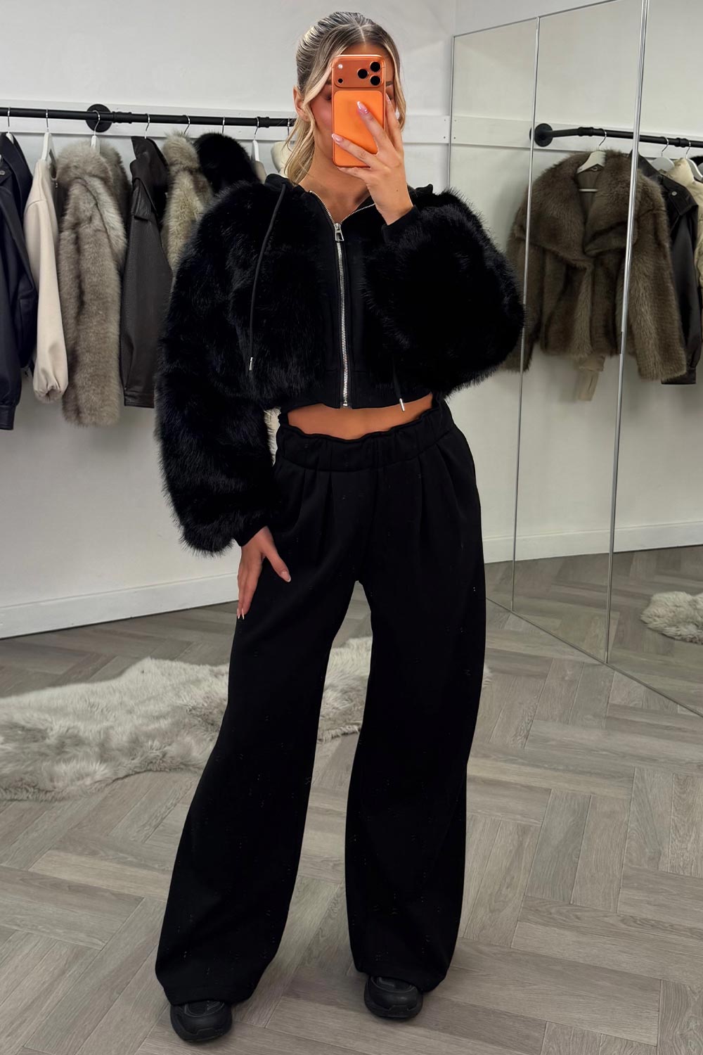 womens crop faux fur hoodie and wide leg joggers two piece co ord set styledup uk