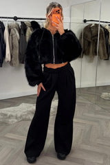 womens crop faux fur hoodie and wide leg joggers two piece co ord set styledup uk