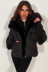 faux fur hood padded puffer jacket with fur trim styledup 