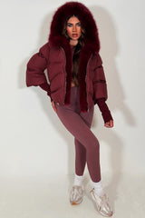 faux fur hood padded puffer jacket with fur trim styledup 